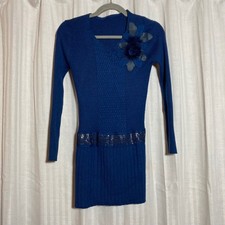 Vintage Inspired Y2K Blue Ribbed Knit Sweater Dress Rhinestone Floral Applique S