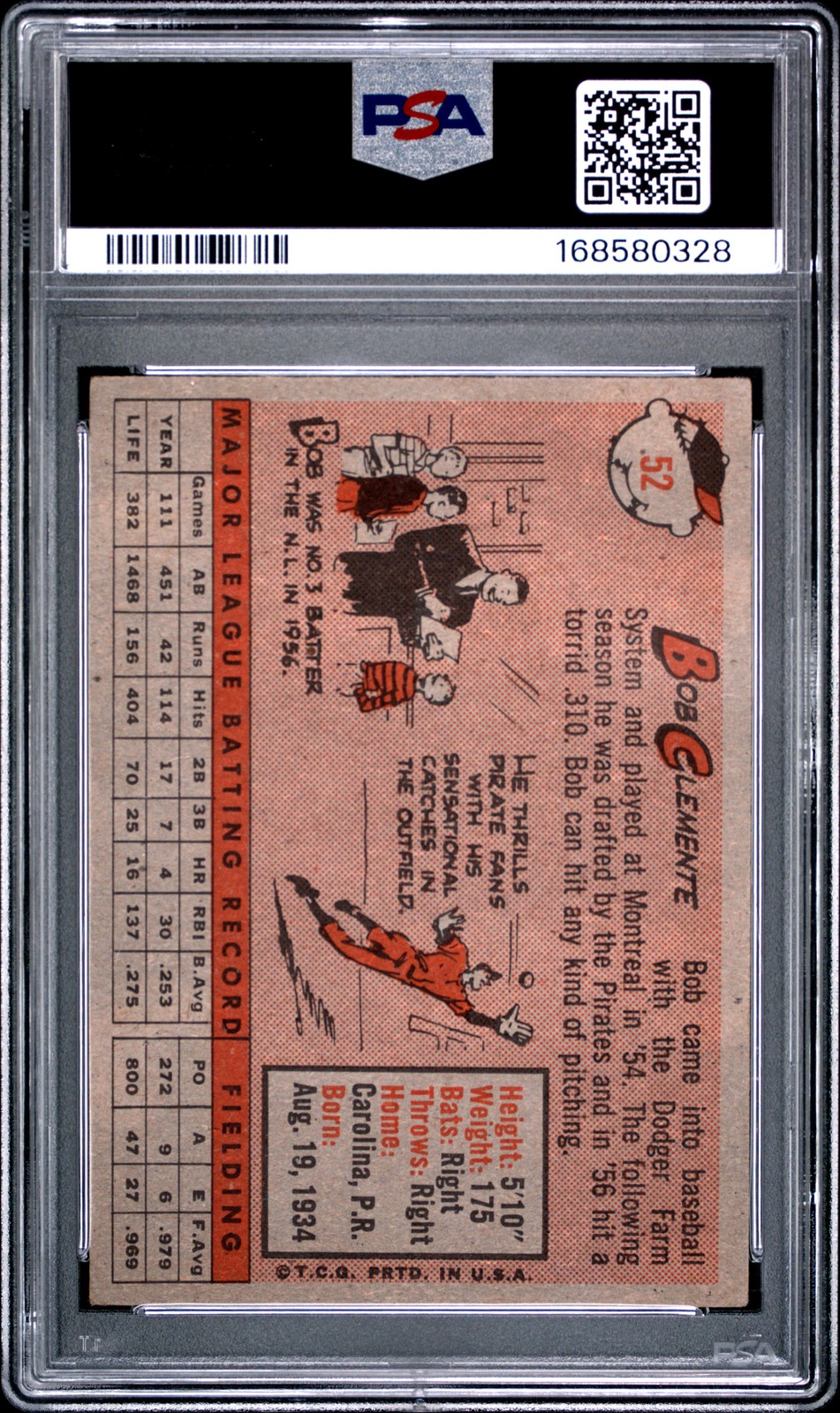 1958 TOPPS #52 BOB CLEMENTE PSA 2 view 2