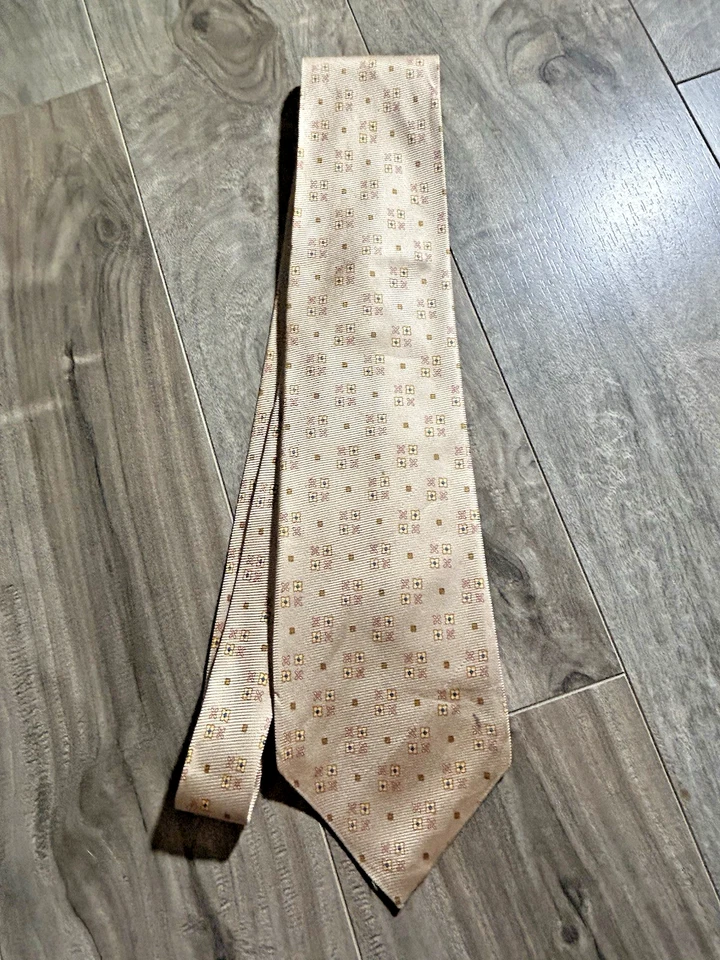 Borrelli 男式七折丝绸领带意大利豪华米色棕色黄色几何图案 — 第 2/4 张图片