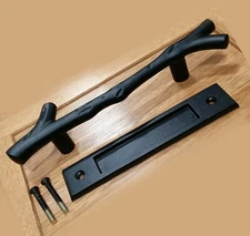 Large Tree Branch Barn Door Handle and Matching Smooth Flush Pull - Set