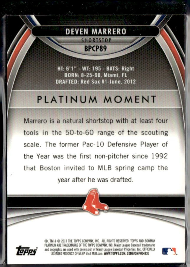 2013 Bowman Platinum #BPCP89 Deven Marrero Chrome Blue #/199 - Image 2 of 2