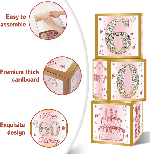 60Th Birthday Decorations Boxes for Women - 3PCS Pink Rose Gold Happy 60Th Birth - Picture 6 of 12
