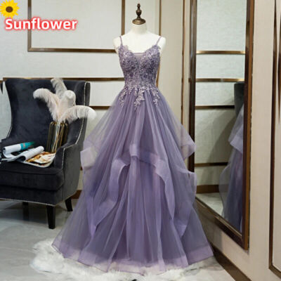 Evening Dress Purple Appliques Beading V-neck Lace up A-line Formal Dresses