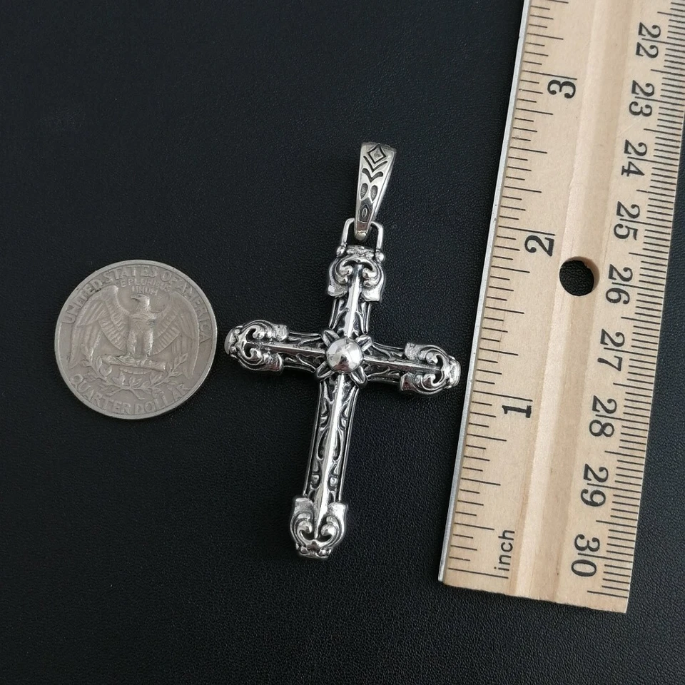Thick Solid Shiny 925 Sterling Silver Ornate Scroll Cross Pendant Double Sided - Image 4 of 4