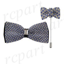 New in box Brand Q Men's bowtie lapel pin 2 piece set crystal blue checkered