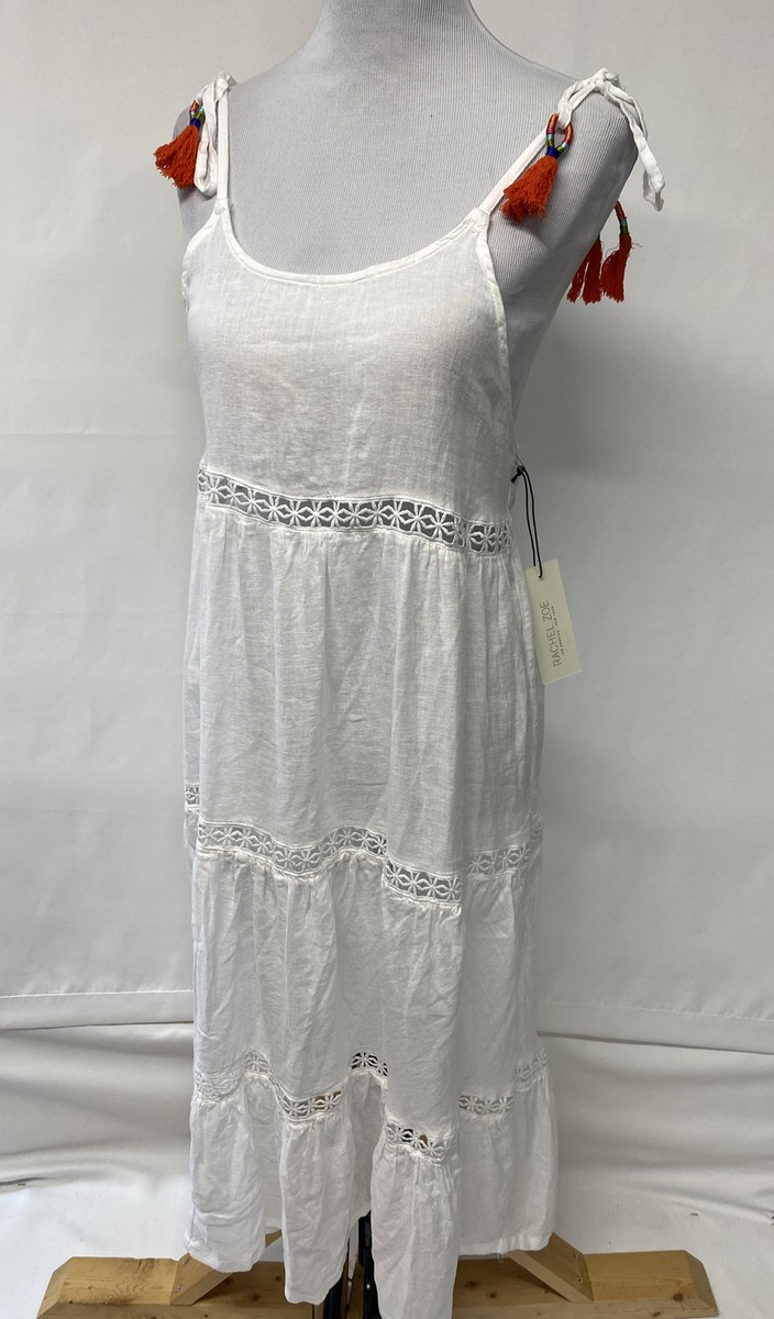 Rachel Zoe Dress Small Linen Blend Tiered White Crochet Panels