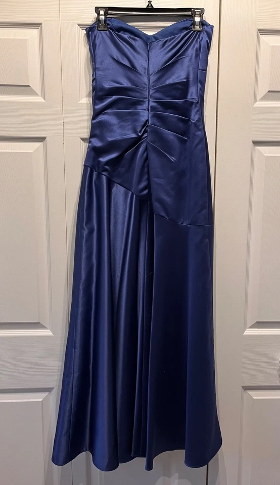 Colección Dessy ~ Vestido Falda Acampanada Corpiño Envuelto Satinado Azul Mate Talla 4 Foto 2 de 4