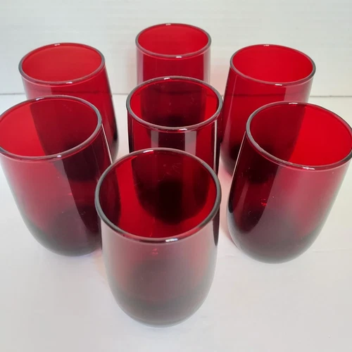 7 Vtg Anchor Hocking Royal Ruby Red Roly Poly 5 oz Juice Glass 3-1/2"  Tumblers
