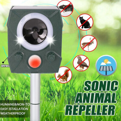 Solar Animal Repeller Ultrasonic Motion Activated w/ Flashing & Sound Recharge
