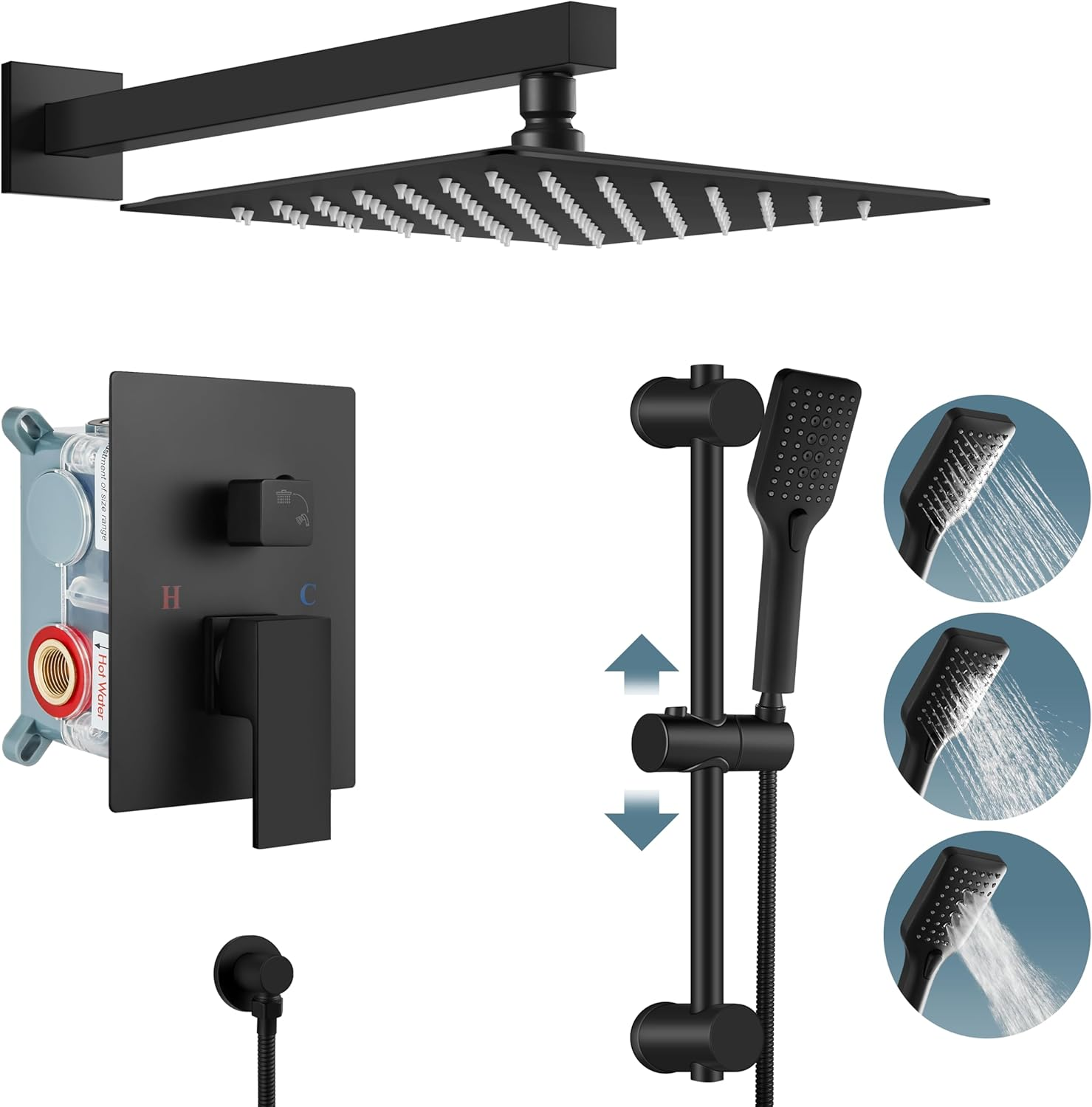 Wall Mount Shower System Matte Black 10 Inch Rainfall Shower Head Set with Slid
