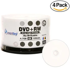 200 Smartbuy DVD+RW 4x 4.7GB White Inkjet Hub Printable Rewritable DVD Disc