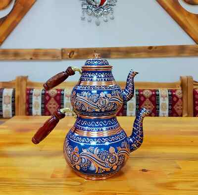 Copper Teapot - Blue Tea Set, Inlay, Turkish Copper, Healthy Kitchenware, Wooden