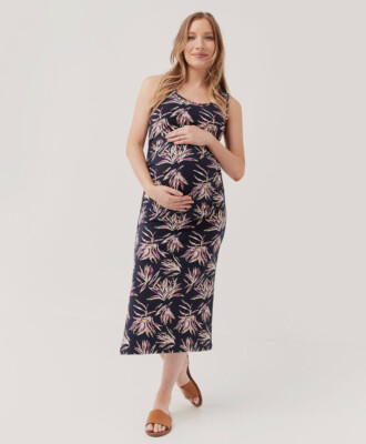 Pact Maternity Freesia Palms Ruched Tank Midi Dress S Navy Blue Organic  Cotton | eBay