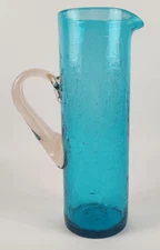 Blenko Style Blue Glass Crackle Pitcher Vase Jug Spout Clear Handle Blown Vtg