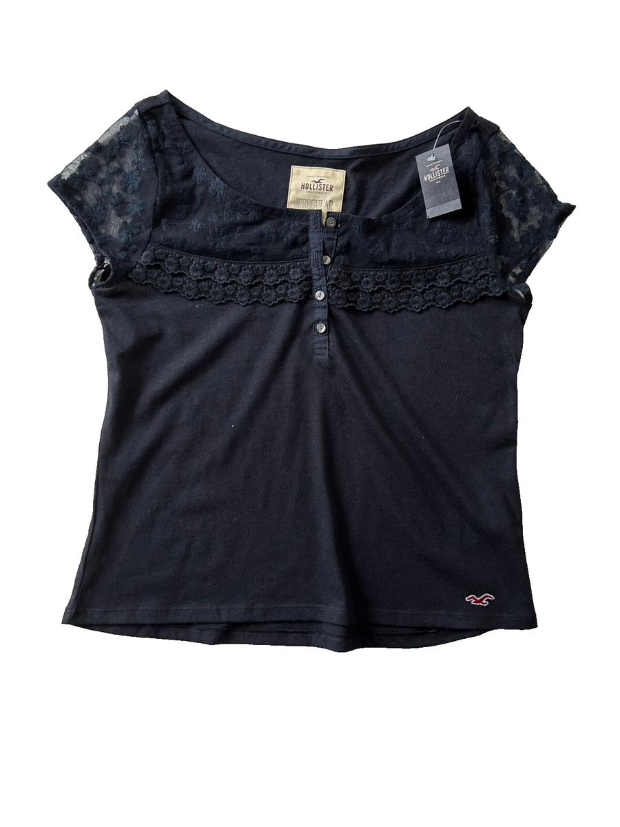 トップス vintage Hollister top XS Hollister Womens Vintage Black Blouse Floral Top Lace Tee XS NWT