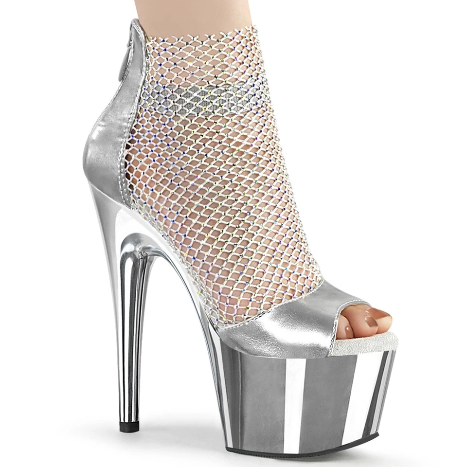 Sale ADORE-765RM Pleaser Plateausandaletten Strass Netz silber Metallic Chrom 40 - Bild 1 von 1