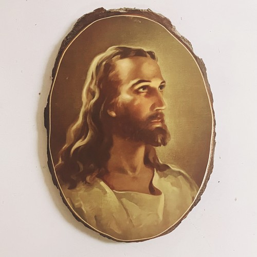 Vintage Warner Sallmans Head of Christ Decoupage Plaque Oval Wood Slab 10” X 7”