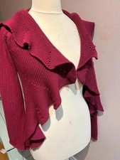 Monsoon Chunky Knit Open Cardigan Frilled Collar Crochet Burgundy Size 12