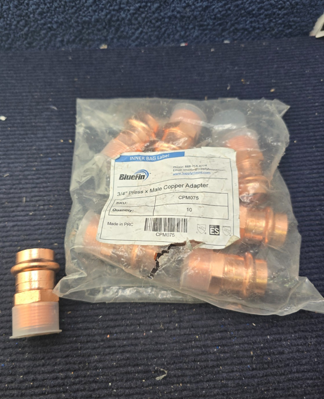 (QTY 10) Bluefin CPM075 3/4" Press x 3/4" MNPT Copper Straight Adapter Fittings
