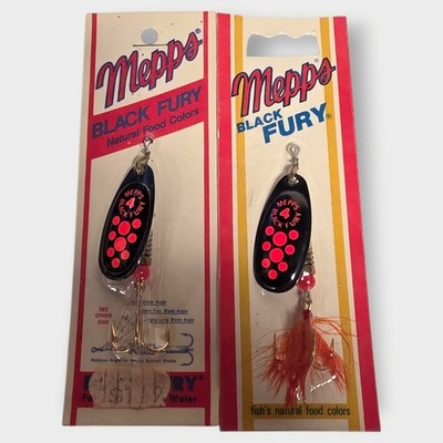VINTAGE Mepps Black Fury Spinner Aglia 4 Fluorescent Red Dot BF4 Treble NEW