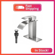 VOTON Waterfall Bathroom Faucet, Brushed Nickel 1-Hole with Deck Drain