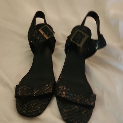 VANELi Black Metallic Textured Open Toe Ankle Strap Buckle Block Heel Women