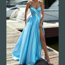 Glossy Blue Party Dress Strapless A Line Long Evening Gowns Formal Prom Dresses
