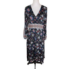 SET 8 Black Colorful Floral Print Long Sleeve V-neck Midi Peasant Dress