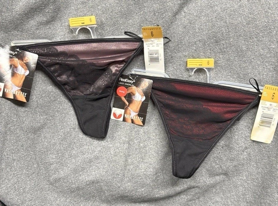 LOTE 3 BRAGAS Tanga Vassarette Negro Rosa Rojo NUEVO CON ETIQUETAS Y2K Sexy Encaje Superposición Talla 6 De Colección Foto 2 de 4