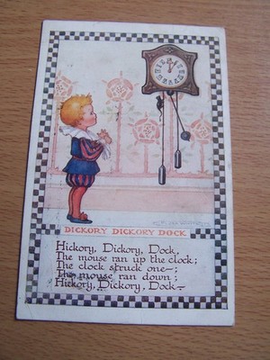 Flora weiß alte Postkarte Hickory Dickory Dock 1916 Kinderreim Künstler