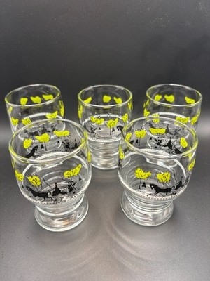Vintage Libby Antique Horse Drawn Carriage Buggy Glasses Set 5 Tumbler Barware