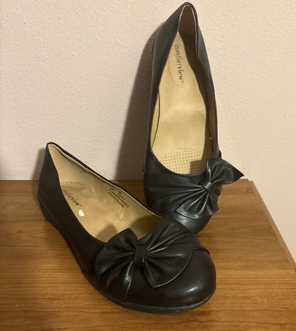 Comfortview Black Bow Flats Faux Leather Sz 11 WW Wide Plus Size shoes