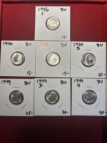 silver roosevelt dimes lot (7) Brilliant Unc 1949 P D S ,1946 P S ,1948p 1950 S