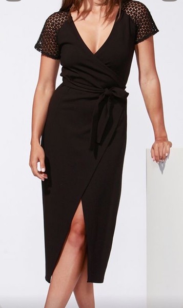 NWT FATE Sarita Black V-neck Lace Cap Sleeve Midi Wrap Dress  ~ Size 10 RRP$129