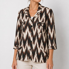 Chico's Size 3 Brown Ivory Ikat Print Linen Blend Jacket 3/4 Sleeve Utility Top