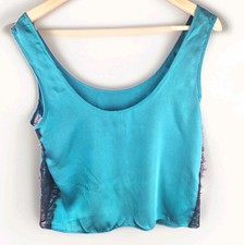 Womens Satin Cami Top UK 12 Teal Lace Trim Y2K Party Summer Festival Vest