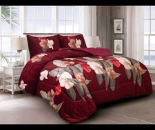 Ultra Soft Queen Size Thick 3pcs Borrego Sherpa Blanket Set Burgundy Flower