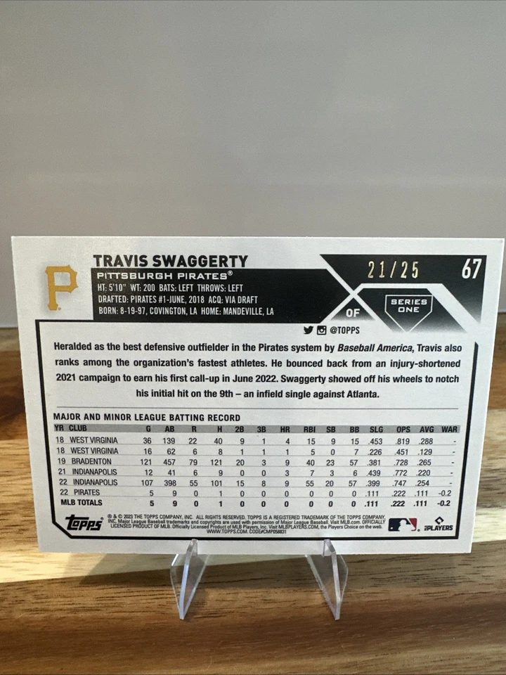 2023 Topps Series 1 1st Edition Black Foil /25 Travis Swaggerty #67 Rookie RC - Image 2 of 2