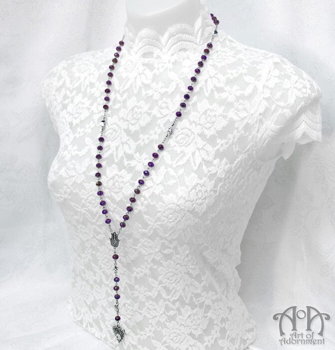 Purple Crystal OUIJA ROSARY PENDANT NECKLACE Silver Star Moon Hamsa Fatima Hand - Picture 2 of 4