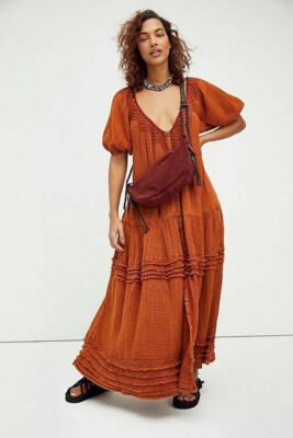 free people sunday stroll maxi dress Free People Sunday Stroll Maxi Dress Buttondown Tiered Oversized Embroidered XS