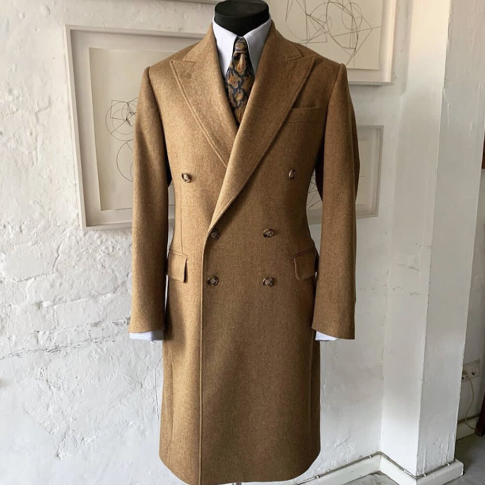 Camel Men's Overcoat Wool Blend Peak Lapel Double Breasted Outdoor