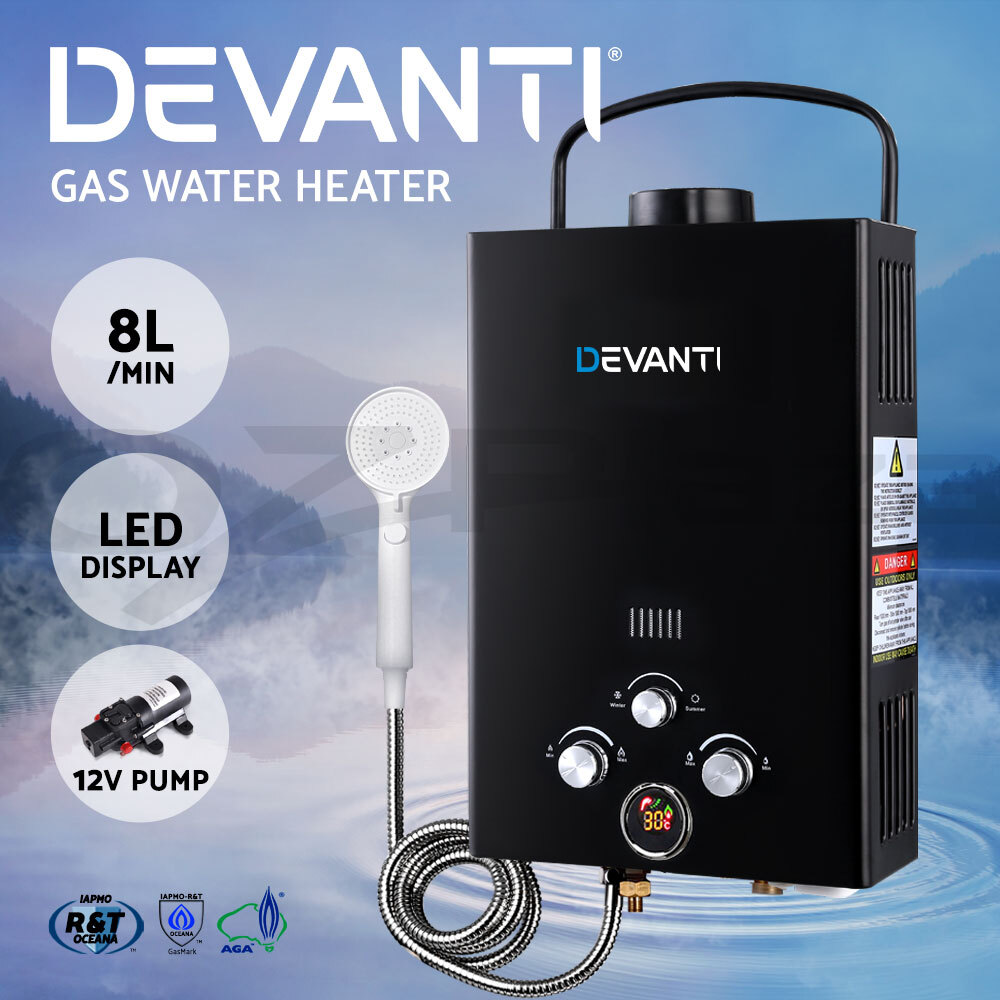 Devanti Outdoor Gas Hot Water Heater Portable Camping Shower 12V Pump Black  9350062285312 | eBay