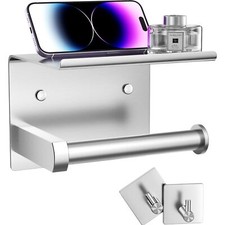 Toilet Paper Holder With Phone Shelf Towel Robe Hooks Adhesive Or Screw Wall M