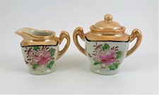 Vintage Peach  White Floral Japanese Lusterware Child  s Creamer  Sugar Bowl