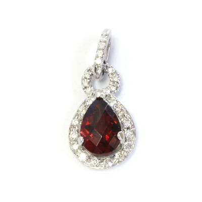 1,9 ctw natürlicher roter Granat & Diamant massiver 14k Weißgold Heiligenschein Tropfen Anhänger 22mm