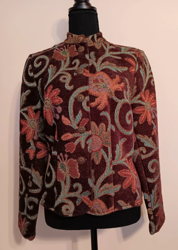 Chadwicks Tapestry Multi Floral Brown Filigree Button Blazer Mandarin Collar - Image 2 of 4