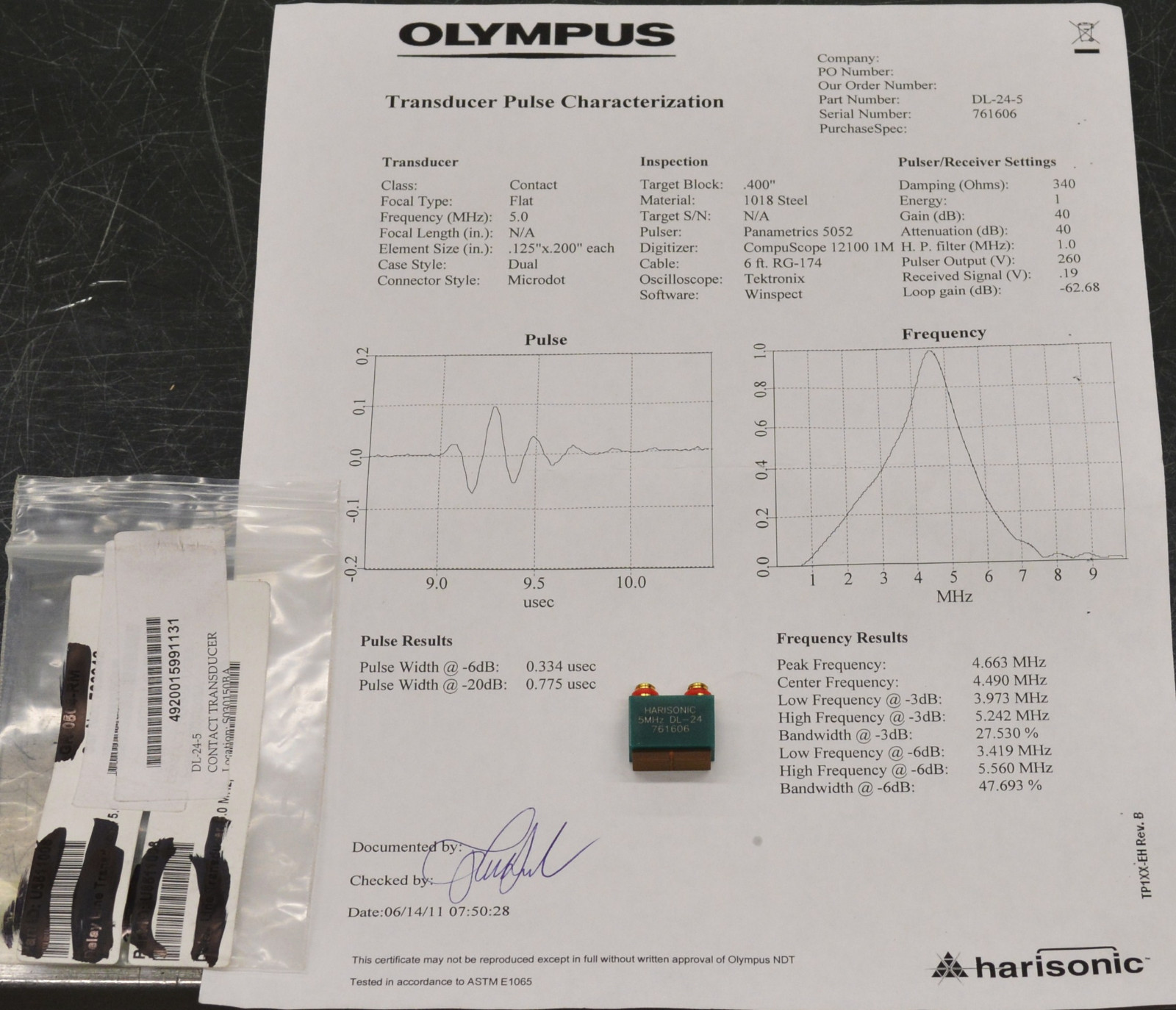 OLYMPUS HARISONIC 5MHZ ULTRASONIC CONTACT TRANSDUCER DL245 492001