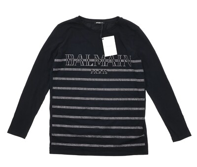 Balmain Paris L37455 Women's Black Logo Long Sleeve T-Shirt Size