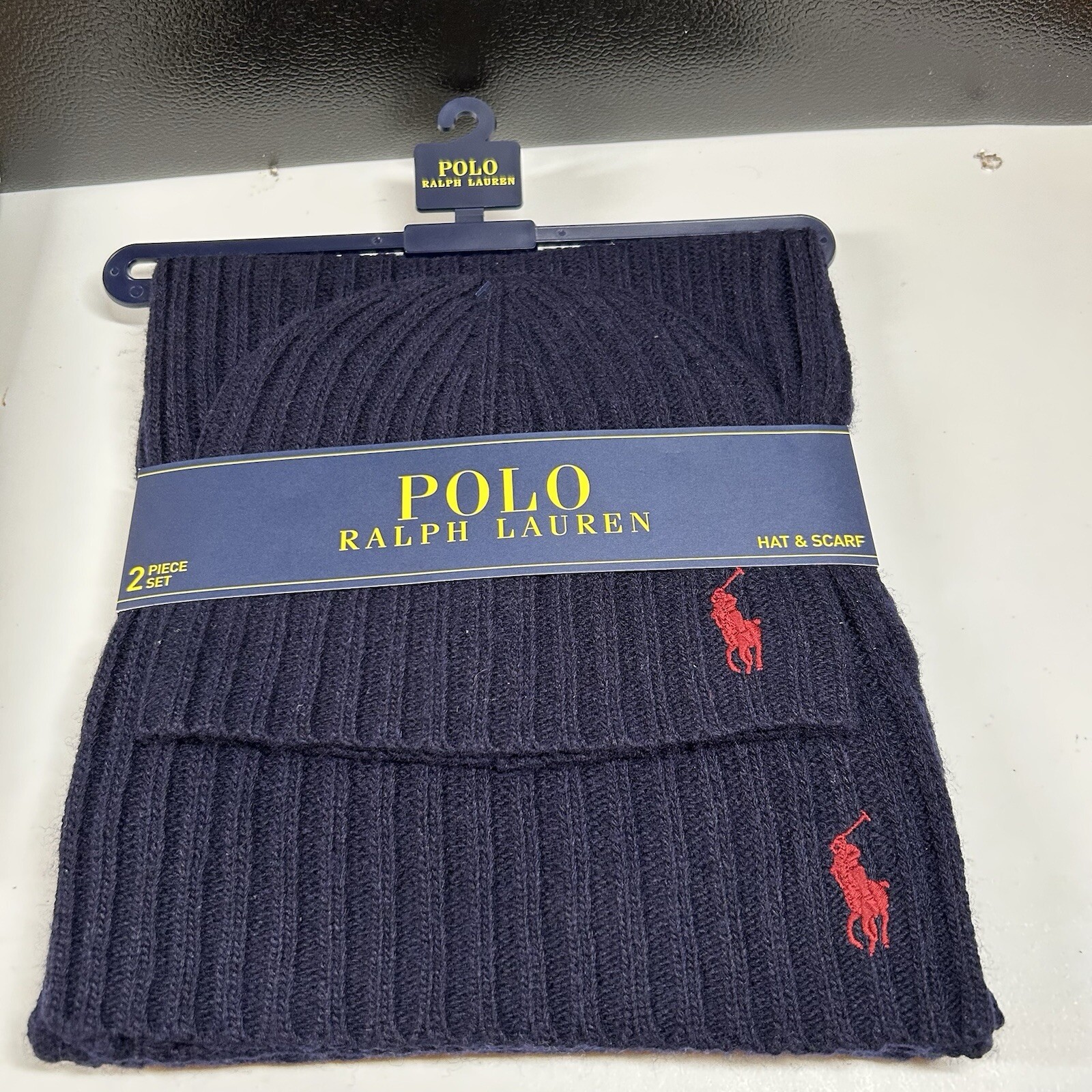 Polo Ralph Lauren Beanie Hat Berretto Sciarpa Set Uomo Navy Rosso Pony Acrilico Preppy NUOVO