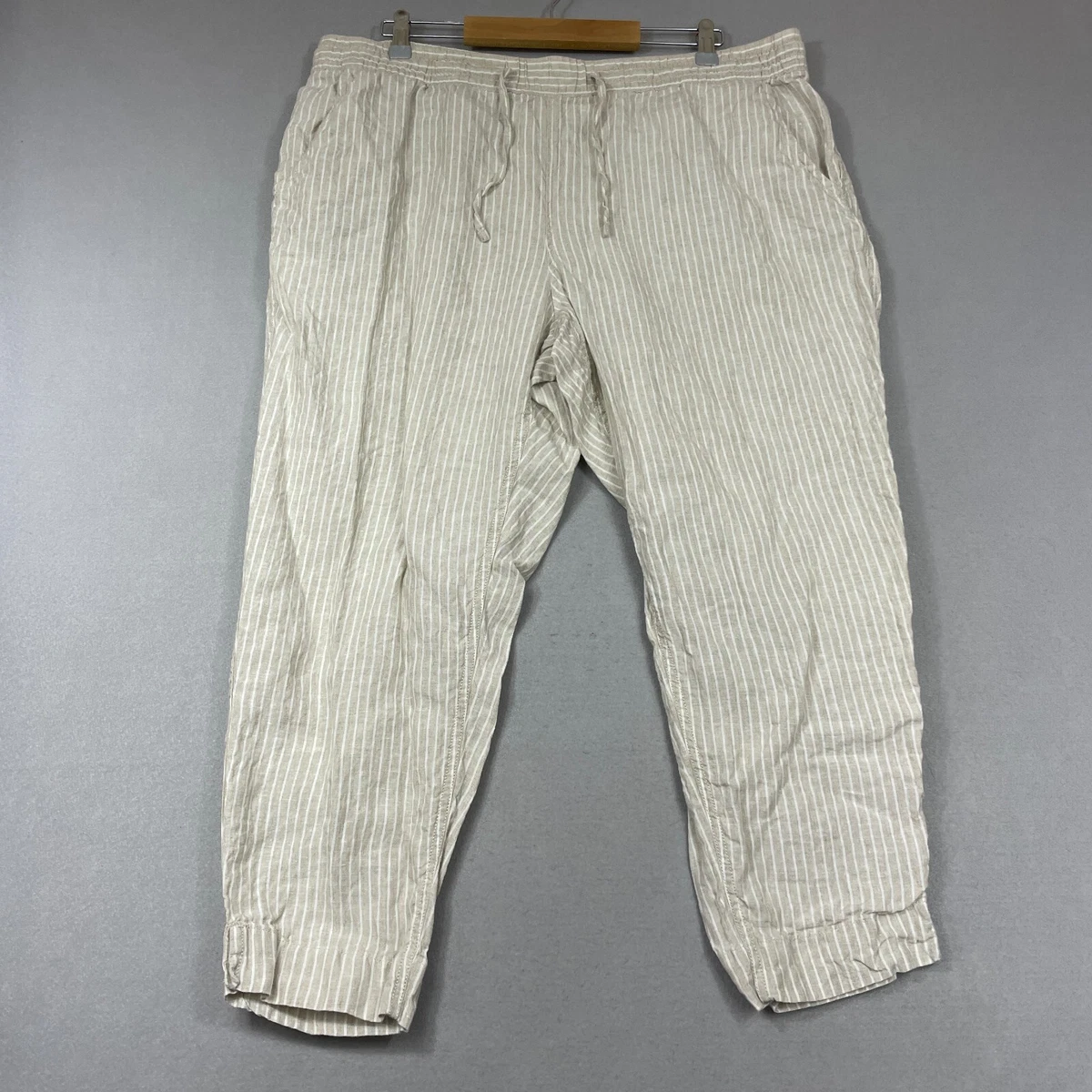 LL Bean Linen Crop Pants Womens 20P Beige Striped Pull On Beach
